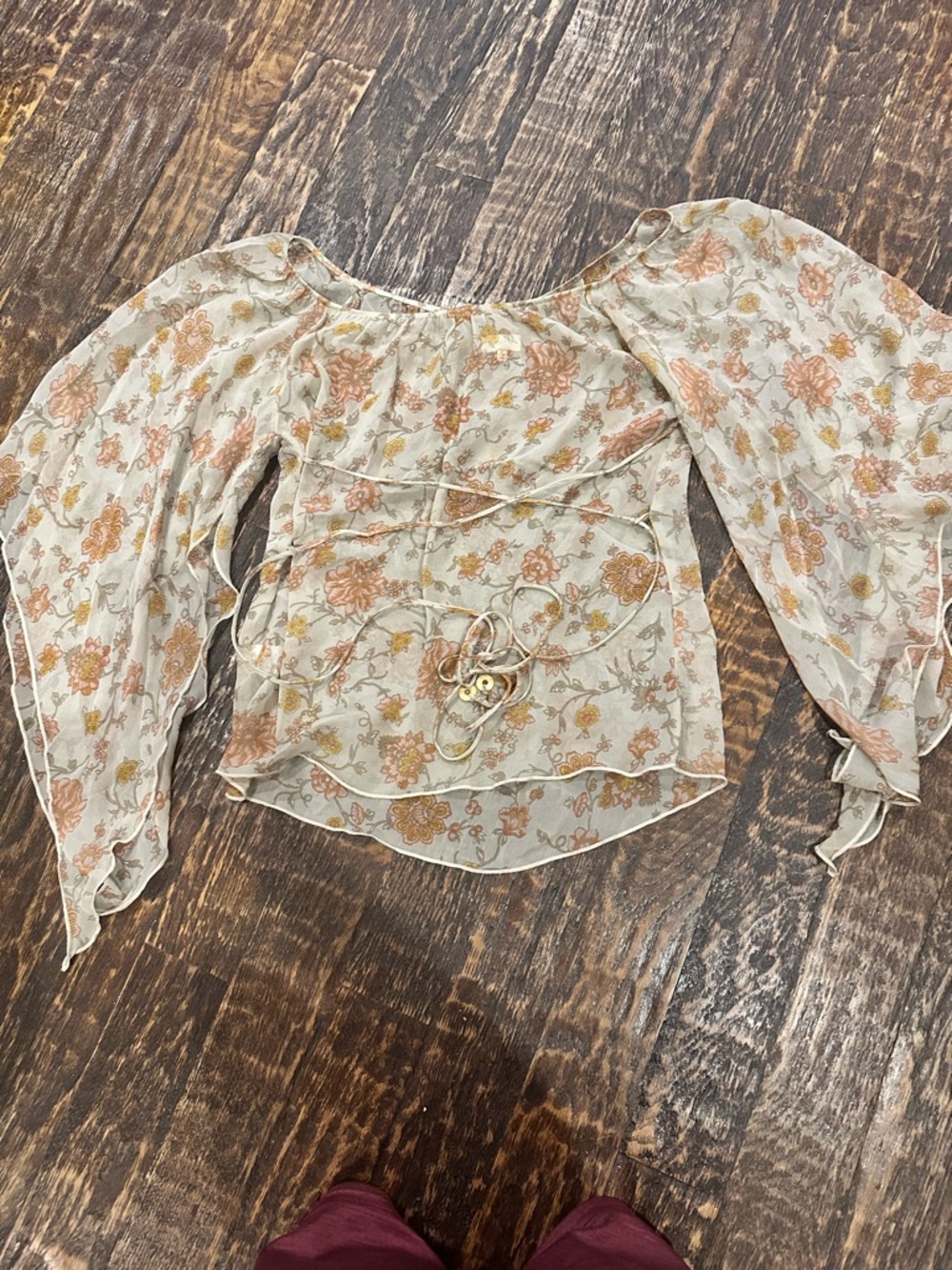 Sheer Floral Peasant Blouse in light grey with Peach floral Accents 100% silk